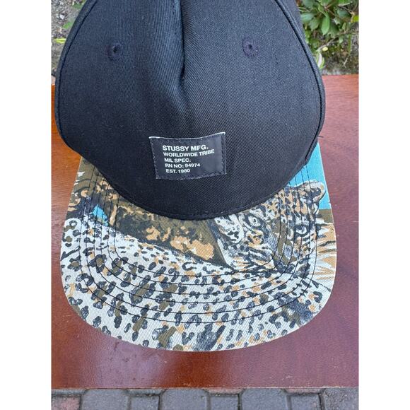 Stussy Capz MFG Worldwide Tribe Cheetah Print Bill Snapback Hat Black - Picture 3 of 10